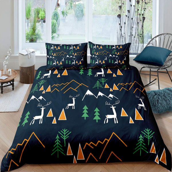 Erosebridal Happy Camping Duvet Cover, Deer Antlers Bedding Set Queen Size for Kids Boys Girls Bedroom Decor, Cartoon Mountain Tree Comforter Cover Elk Rustic Quilt Cover with 2 Pillow Cases