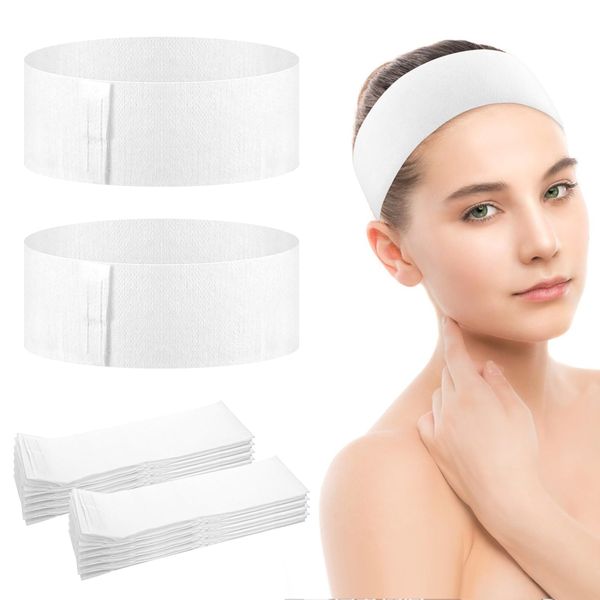 Qianyu 40 Pack Disposable Spa Facial Headbands Stretch Facial Headbands Esthetician Supplies White Soft Non-Woven Wrapped Elastic Makeup Headwraps for Women Girls Skincare Bath and Sport