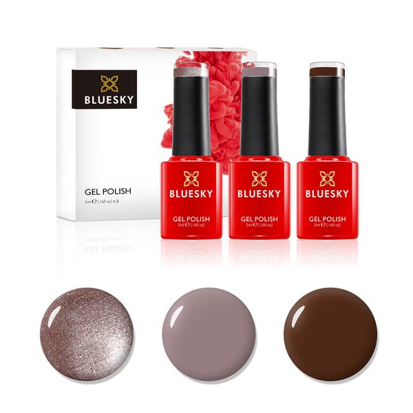 Bluesky Gel Nail Polish Set, Chocolate Box, Faux Fur 80538, Satin Robe Qxg313, Mocha A008, 3 x 5 ml, Brown, Glitter, Dark (Requires Curing Under UV or LED Lamp)