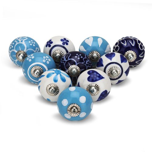 Craft Trade Assorted Ceramic Cabinet Door Knobs for Wardrobe Drawer Dresser Kitchen Cupboard Desk Furniture Shabby Chic Round Hand Painted Buttons Knobs - Blue Knobs Pack of 10