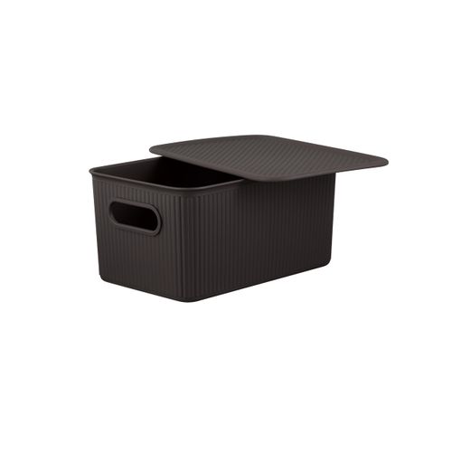 Decorative Plastic Lidded Home Storage Bins Organizer Baskets, Medium Brown (1 Pack - 5 Liter) Stackable Container Box, for Organizing Closet Shelves Drawer Shelf - Ribbed Collection