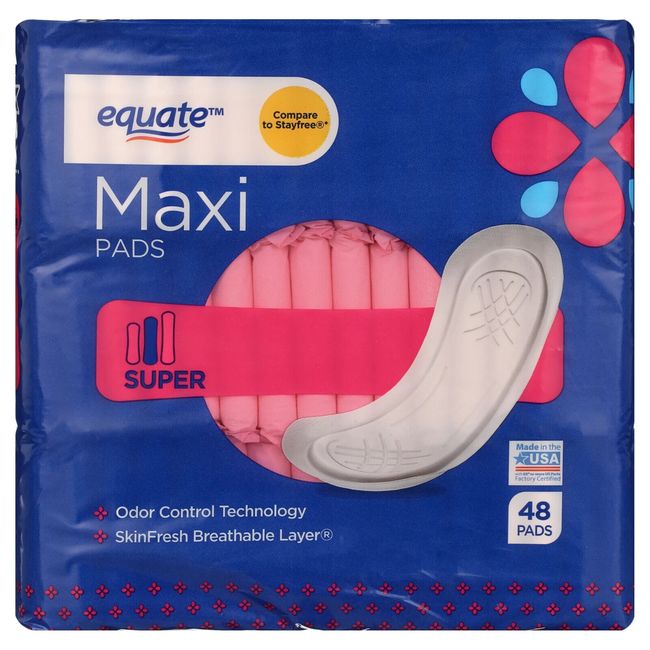 3 pack Equate Maxi Pads, super-absorbent pads (48 Count)