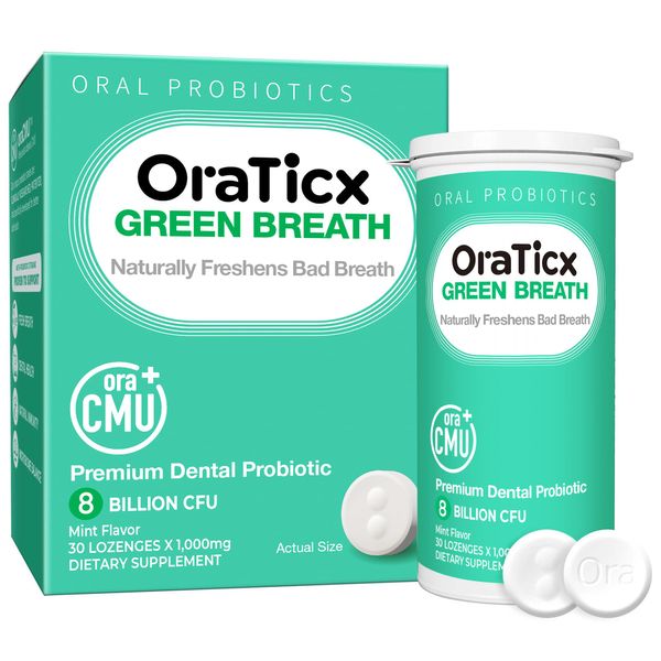 OraTicx Green Breath Oral Care Probiotics, Naturally Support Freshens Bad Breath & Healthy Mouth, Dental Probiotic Supplement 8 Billion CFU, Mint Flavor 30 Lozenges 1-PK