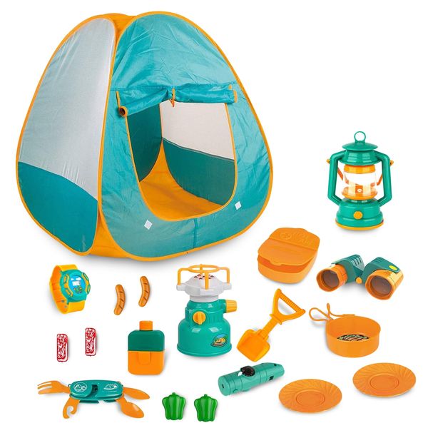 Kids Camping Set, 19 Pcs Kids Play Tent with Stove and Oil Lamp, Outdoor Toys Pr