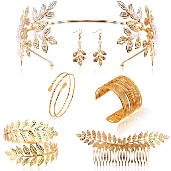 Uoeo 6 Pieces Goddess Costume Accessories Set Goddess Leaf Headband Gold Leaf Bangle Bracelet Armband Greek Roman Laurel Leaf Branch Goddess Headpiece Romantic Grecian Costume Accessories