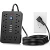 14-In-1 Flat Plug Power Strip – 5FT/10FT Extension Cord, Featuring 8 AC Outlets