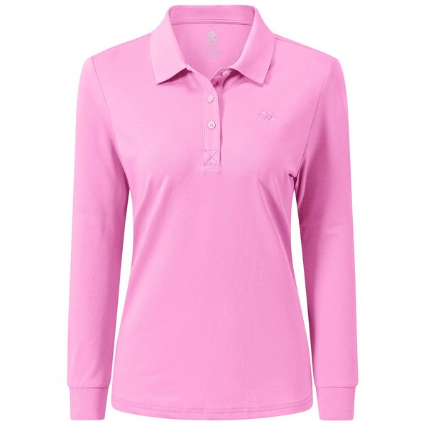 AjezMax Damen Poloshirt Lang Baumwolle Polo Arbeit Polohemd Sport Klassisch Wintershirts Knopf Medium Rosa