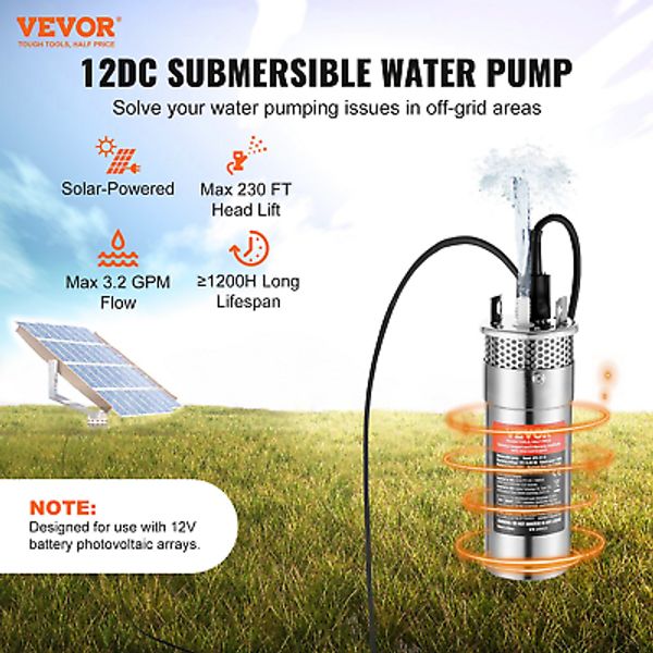 VEVOR Solar Water Pump, 12V DC 120W Submersible Deep Well Pump