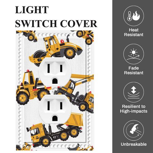 Cuitxrac Cartoon Truck Outlet Covers Yellow Excavator Tractor Machinery Construction Vehicles 1-Gang Wall Plate Single Duplex Switch Plates for Teen Boys Room Decor