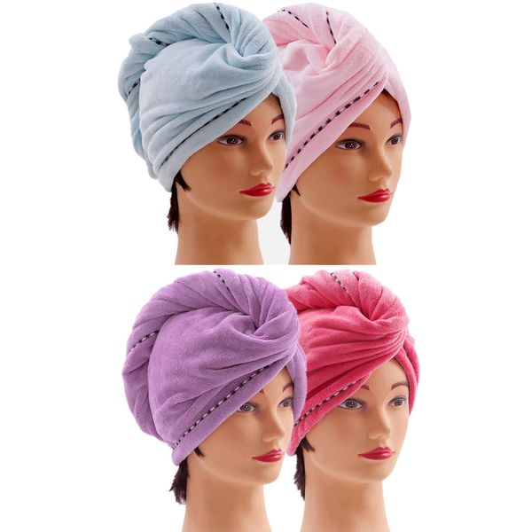 CAIHONG Microfibre Hair Towel 4 Pack, Hair Turbans for Wet Hair with Button, Head Towels Wrap Super Absorbent for Women Curly, Long, Short Hair