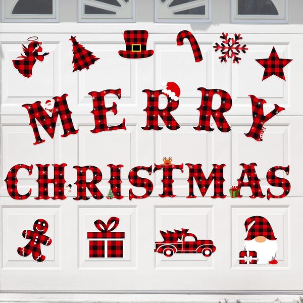 Merry Christmas Garage Door Decorations - 24 PCS Buffalo Plaid Magnetic Stickers Magnets Refrigerator Magnets Car Christmas Garage Door Decals for Xmas Decor Christmas Party Supplies