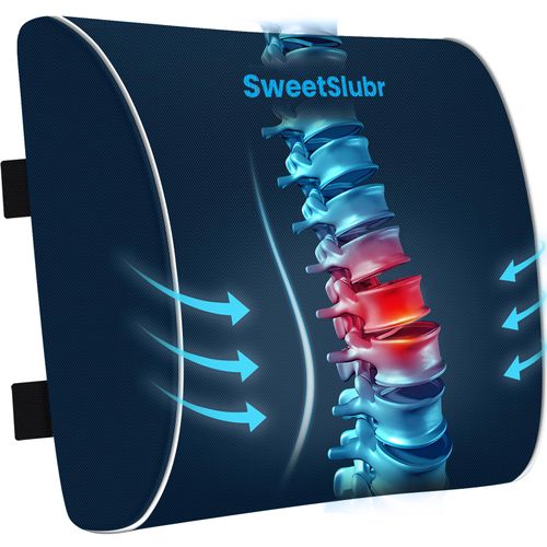 SweetSlubr Lumbar Support Pillow for Office Chair, Car Seats and Home Desks, Ergonomic Back Support with Double Adjustable Straps, Machine Washable Cover, Blue