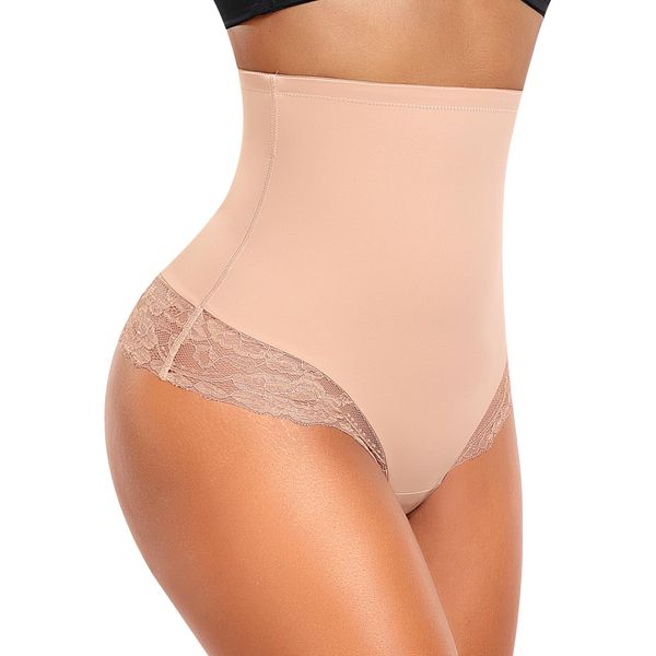 YARRCO Bauchweg Unterhose Damen Miederslips Spitze String Slips Tanga Shapewear Body Shaper Miederhose Formende Unterwäsche (Beige, S)