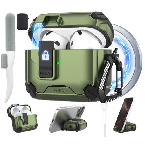 Maxjoy for AirPods 4 Case Cover 2024, AirPods 4th Generation Case with Automatic Lock Compatible with MagSafe Function Gen 4 Protective Cases Compatible with Apple AirPod 4th Generation, Army Green