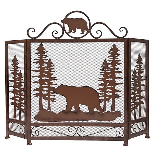 Woodland Bear Metal Mesh 3 Panel Fireplace Screen Lodge Cabin Home Decoration