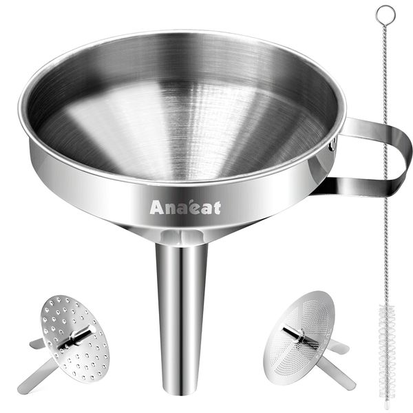 Anaeat Stainless Steel Kitchen Funnel, Multi-Use Premium Metal Food Grade Cooking Funnels with 2 Removable Strainer Filter for Transferring Liquid or Dry ingredients, Oils & 1 Pc Cleaning Brush (5.7")