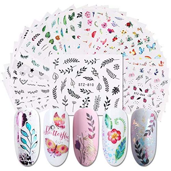 Nail Art Stickers 29 Sheets Cyalean Art Nail Stickers Self Adhesive Summer Nail Decals Water Transfer Flamingo Leaves Cactus Decals for Women Girls Manicure DIY and as Kids Craft Art