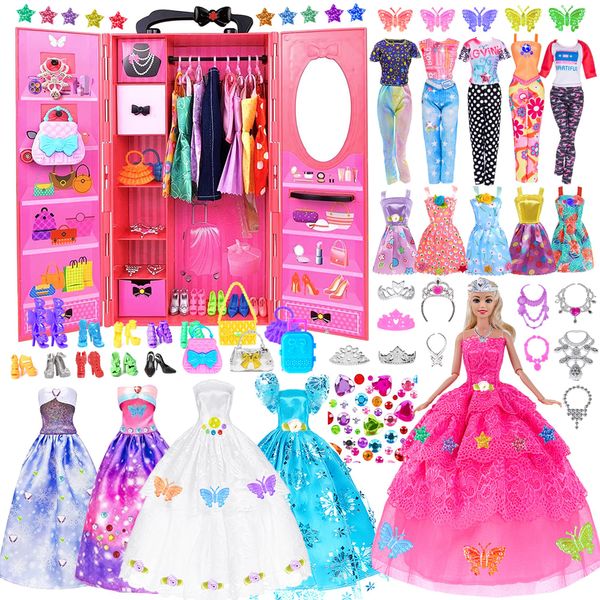 ebuddy 140 Pack Doll and Closet Set Fashion DIY Wardrobe Doll Clothes and Accessories Including Doll, Wardrobe, Wedding Dress,Shoes, Necklace, Bags and More for 11.5 Inch Doll(One Doll)