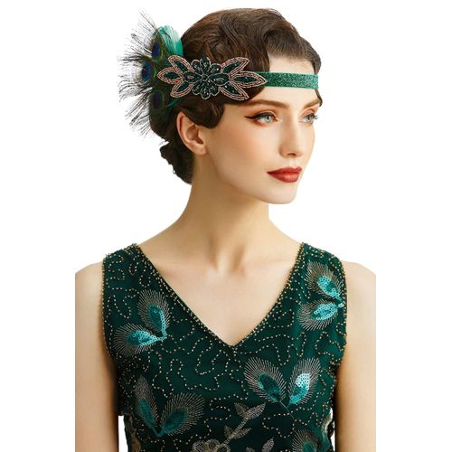 BABEYOND 1920s Headpiece Vintage 1920s Headband Crystal Headband Flapper Headpiece with Crystal Great Gatsby Costume Accessories Roaring 20's Accessories (Gold Black with Feather)