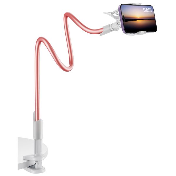 SAIJI Gooseneck Phone Holder for bed, Flexible Cell Phone Stand, Lazy Arm Phone Holder for girls, 360 Mobile Phones Mount Clamp Compatible with iPhone 15 14 13 Pro Xs, 4"-7" Screen Devices (Rose Gold)