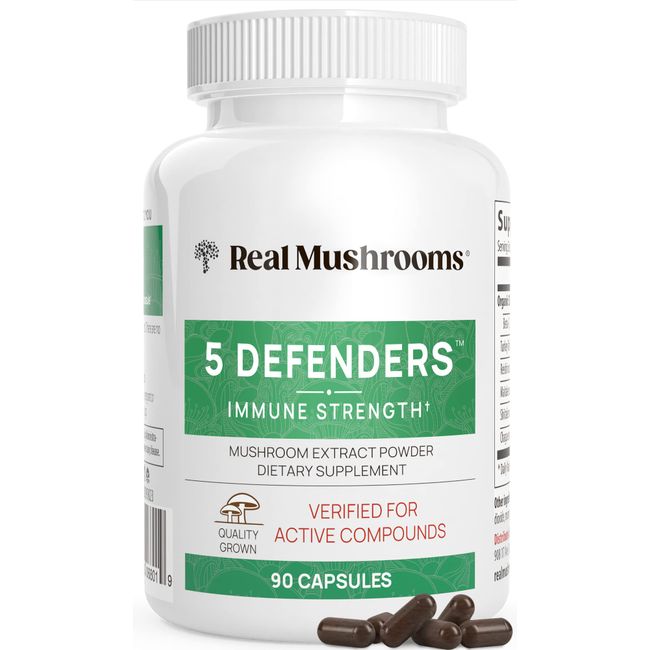 Real Mushrooms 5 Defenders Capsules - Organic Mushroom Extract w/Chaga, Shiitake, Maitake, Turkey Tail, & Reishi - Mushroom Supplement for Brain, Focus, & Immune Support - Vegan, Non-GMO, 90 Caps