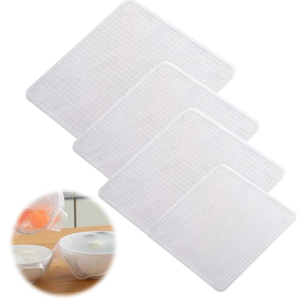 Silicone Wrap Silicone Lids Set of 4 Reusable Food Wraps Silicone Lids Clear Drop Lids Seal Cup Covers for Cooking Storage, Dishwasher, Microwave, Refrigerator, Silicone Wrap