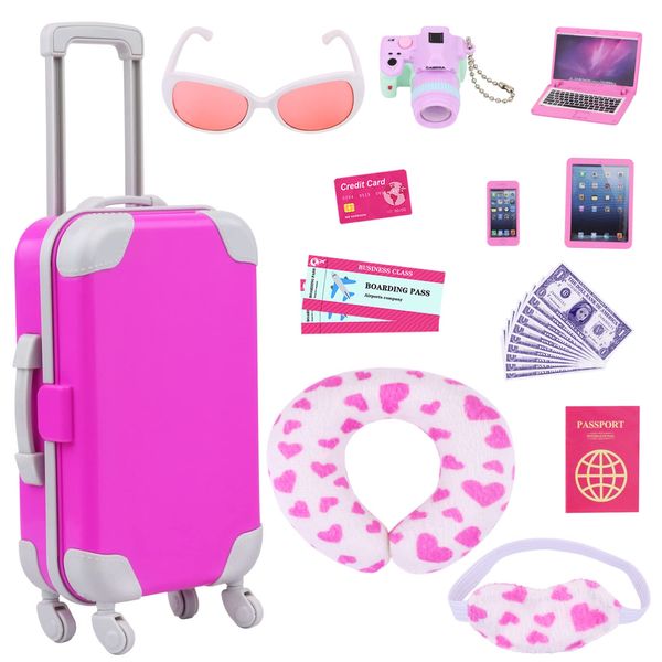 ZITA ELEMENT 24 Pcs 18 Inch Girl Doll Accessories Suitcase Luggage Travel Set Including 18 Inch Doll Clothes Luggage Pillow Blindfold Sunglasses Camera Computer Cell Phone Ipad and Other Stuff