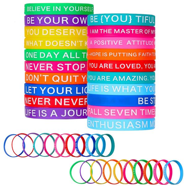 Skibetfo 20 Pieces Silicone Wristbands, Motivational Quote Rubber Wristbands, Colored Inspirational Silicone Bracelets Stretch, Activity Rubber Wristband Bracelets for Women Men Teen (20 Styles)