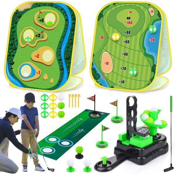 Biulotter Toddler Golf Set, 3 in 1 Kids Golf Club Set - Sticky Golf Game, Golf Cornhole Game and Golf Putting Game, Indoor Outdoor Birthday Gifts for Girls Boys 3 4 5 6 Years Old