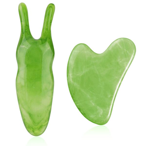 2Pcs Gua Sha Facial Tool, Natural Jade Gua Sha Scraping Board Gua Sha Massage Tool Face Cheek Nose Massager Massage Stone for Body Muscle Relaxing, Anti-Aging and Reduce Wrinkles & Pigmentation,Green