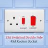 Standard White 45A Switch - Premium Curved Edge Switched Socket - 13A Single Power Socket, Anti-Microbial Plastic Wall Sockets