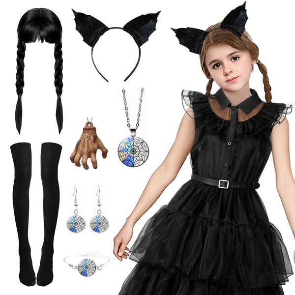 Alaiyaky Wednesday Costume for Girls Women, Prom Dresses Evening Dress Outfits with Wig Headband Necklace Belt Socks Earrings Bracelet Pendant, Ball Gowns Black Dress for Birthday Party (Girls B, 150)