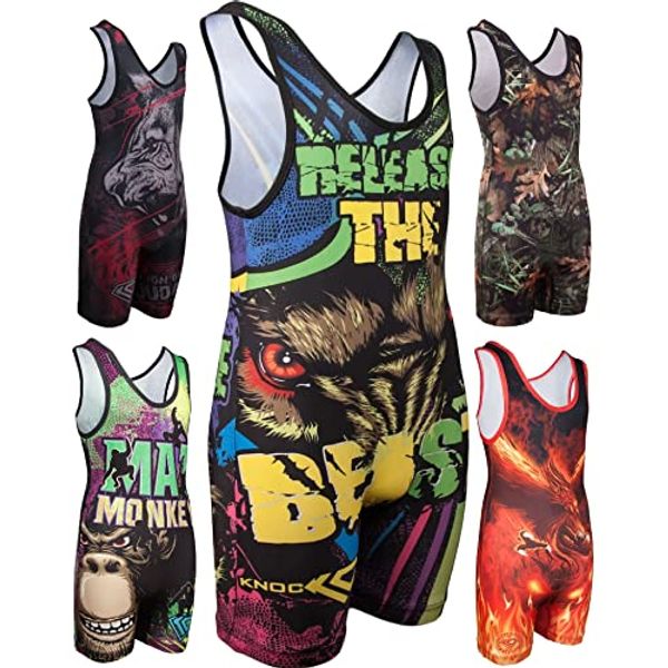 KO Sports Gear - Unisex Wrestling Singlet, Comfortable & Breathable, 4 Way Stretch, Gymnastics, Running, Weightlifting (Release the Beast, Youth XX-Small)