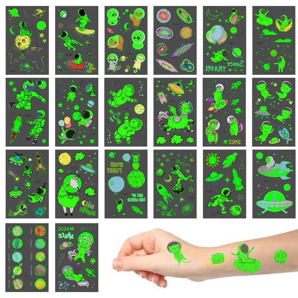 Space Temporary Tattoos, 20 Sheets Glow In The Dark Cartoon Tattoo Stickers Luminous Tattoos for Kids Waterproof Luminous Stickers Space Stickers Set for Boys Girls Birthday Gift Party Bag Filler