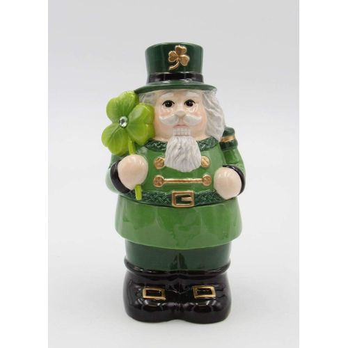 Cosmos Gifts Fine Ceramic Irish Green Nutcracker with Shamrock Candy Box Jar, 7-1/2" H
