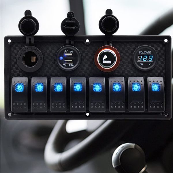 Marine Switch Panel Waterproof 8 Gang Rocker Switch Panel for Boat Car Truck 12V Switch Panel Aluminum Marine Toggle Switches Blue LED Panel with Circuit Breaker 3.1A USB Charger Voltmeter ON/Off