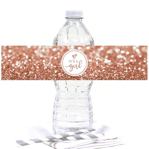 Andaz Press Glitzy Faux Rose Gold Glitter Water Bottle Baby Shower Sticker Labels, It's a Girl!, Rattle Graphic, 20-Pack