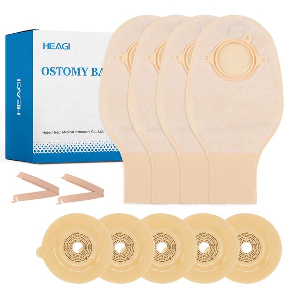 Heagimed 15PCS 2-Piece Colostomy Bags, Colostomy Supplies, 45mm Deep Convex Ostomy Bags for Retracted Stomas, Drainable Ostomy Pouch for Ileostomy Stoma Care (10 x Ostomy Bag+5 x Barrier+2 x Clamps)