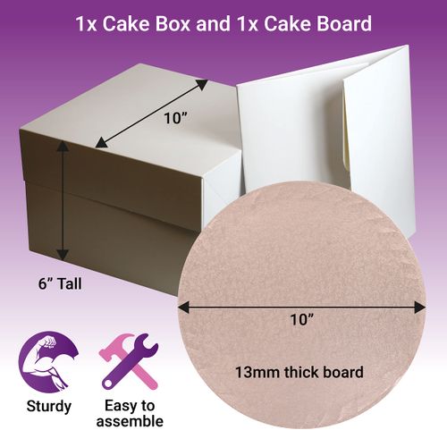 Culpitt 10" Rose Gold Cake Board & White Box Combo, Round Drum With Matching Container, 0.5'' (13mm) Thick, Square Transport, 10 Inch, Single Pack, 90273