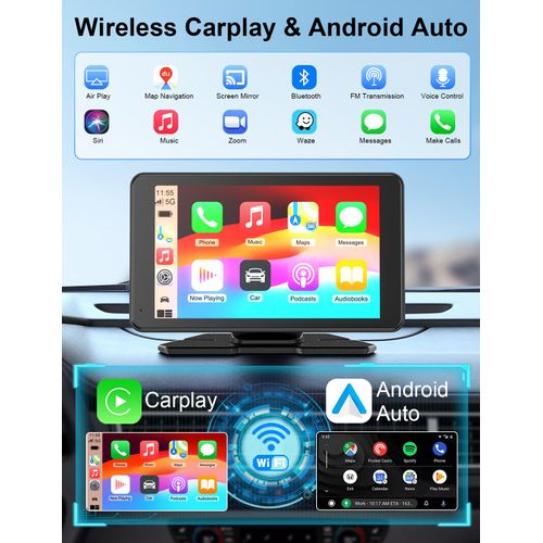 Apple Carplay Screen for Car, 7" HD Portable Car Stereo Touch Screen with Wireless Android Auto, Backup Camera with LED/Mirror Link/Voice Control/Bluetooth/GPS/AUX/FM Satellite Radio for All Vehicles