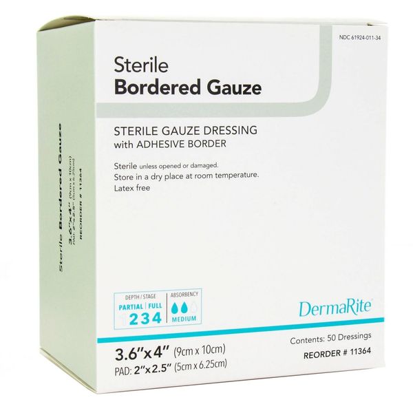 DermaRite Bordered Gauze White Adhesive Dressing Sterile 3-3/5 X 4 Inch 50 Ct