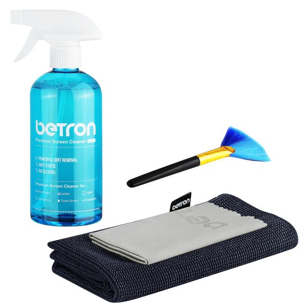 Betron 500ml Screen Cleaner for TV, Monitor, Laptop, LED, LCD, Tablet, Smartphone, Camera Lens, Cleaning Kit Includes Microfibre Cloths and Cleaning Brush