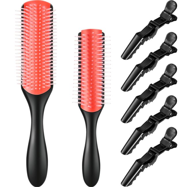 7 Pieces Cushion Nylon Bristle Styling Brush Set, 9-Row Curly Hair Detangling Brush, 5-Row Travel Hair Brush and 6 Pieces Hair Clips for Separating, Shaping, Defining Curls, Fixing Hair (Pink)