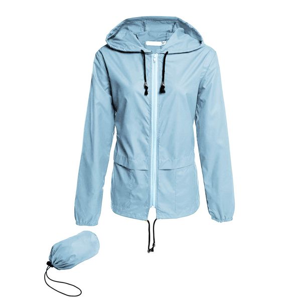 Avoogue Lightweight Raincoat Women's Waterproof Windbreaker Packable Outdoor Hooded Rain Jacket Light Blue M