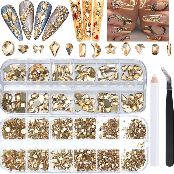 BELICEY Gold Crystal Rhinestones for Nails Design 2120Pcs Nail Art Rhinestone Multi Shapes Size Flatback Crystal Gems Stone for Nails DIY Crafts Tumblers Bottles Clothes Makeup Manicure