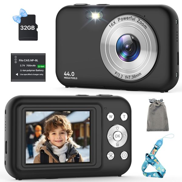 Digital Camera, Kids Camera with 32GB Card, FHD 1080P 44MP Vlogging Camera, 16X Zoom Point and Shoot Digital Camera Compact Portable Rechargeable Cameras for Teens Boys Girls Seniors Students (Black)