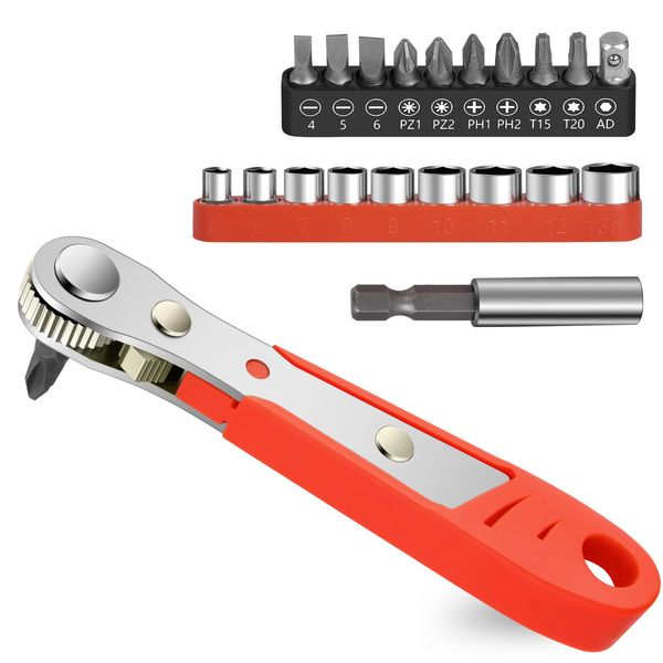 OSDUE Mini Ratchet Wrench, Right Angle Phillips Magnetic Screwdriver for Awkward Spaces, with 1/4 Inch Drive High Torque Offset Reversible Mini Ratcheting Offset Screwdriver, with Screwdriver Bits Set