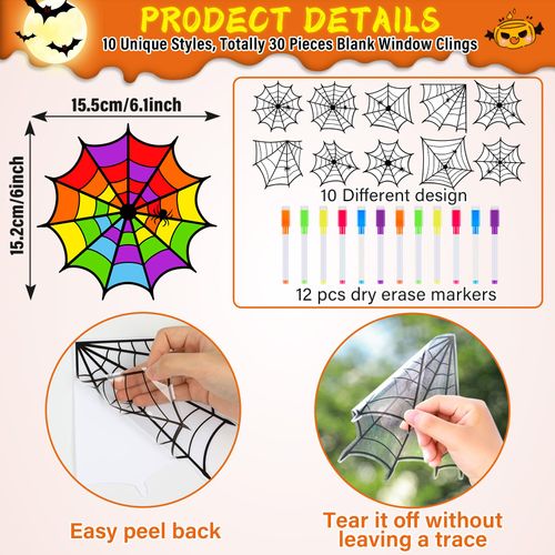 Qyeahkj 42Pcs Halloween Arts Crafts for Kids Halloween Spider Web Window Suncatchers Craft DIY Halloween Coloring Craft Window Cling Sticker with Markers Halloween Party Gift for Home Classroom Decor
