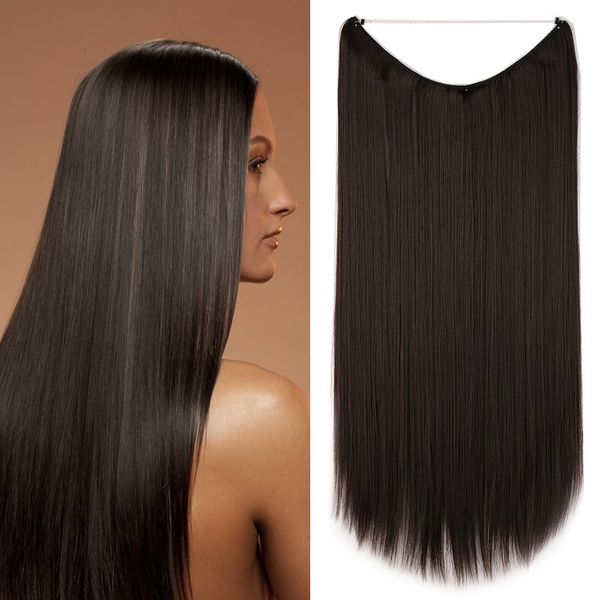 24" Wire In Hair Extensions One Piece Extensions Straight Hairpiece Long For Women Ladies- Dark Brown (60cm-120g)