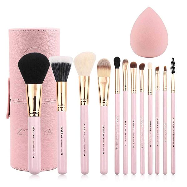 Z'OREYA Makeup Brush Set 12pcs Pink Synthetic Makeup Brushes Travel Set With Holder Makeup Brush Organizer Foundation Powder Contour Blush Eye Cosmetic Brush Sets in Case With Bonus Gift Makeup Sponge